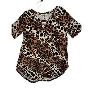 NWT Zenana Leopard Print V-Neck Blouse Tunic Stretchy Short Sleeve Office Boho